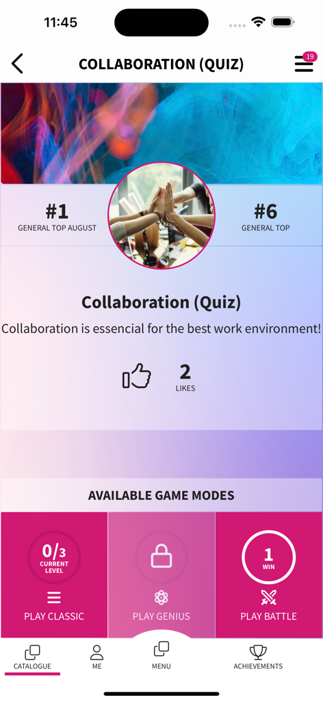 GFoundry - GFoundry Mobile App Bildschirm, der ein Kollaborationsquiz mit Ranglisten und Spielmodi zeigt