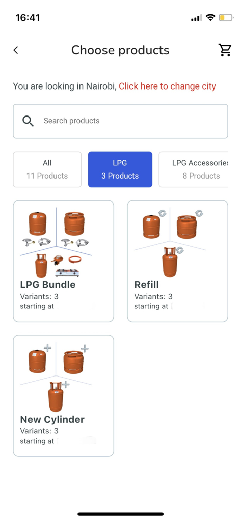 EasyGas Kenya mobile app product selection screen showing LPG bundles, refills, and new cylinders in Nairobi.
