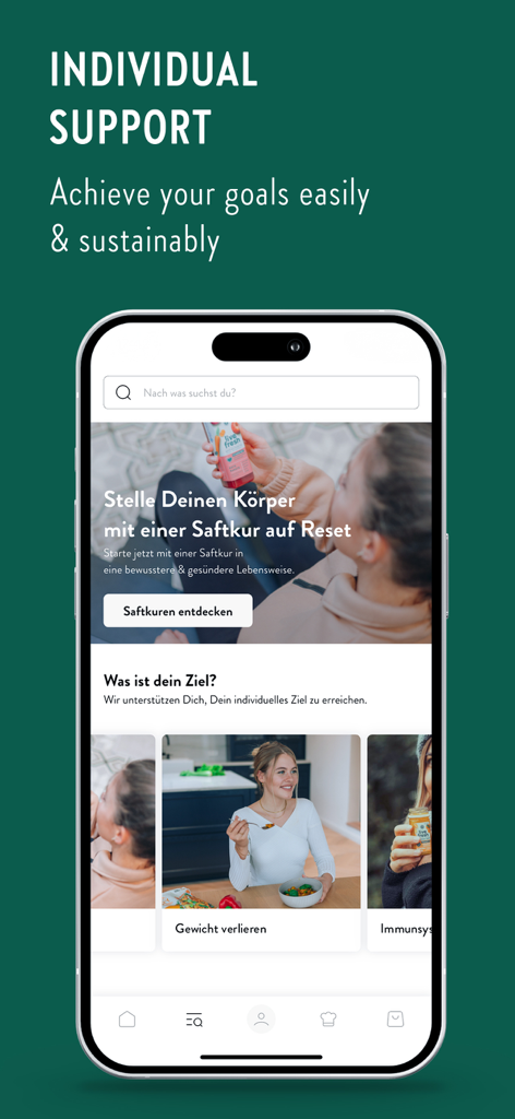 LiveFresh mobile app screen showcasing individual support for juice cleanses and healthy nutrition goals.