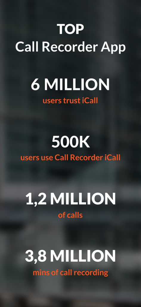 Infographic showing Call Recorder iCall statistics with 6 million users and over 3 million minutes of recorded calls