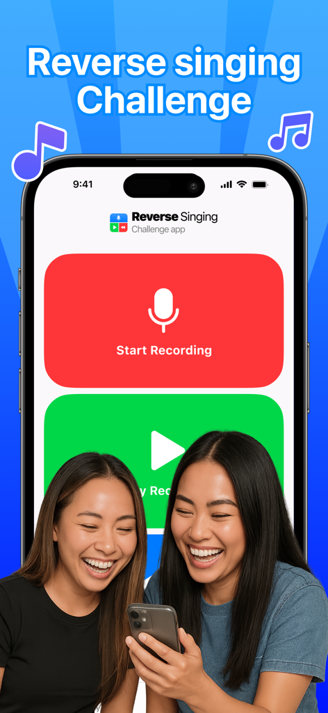 Two young women laughing while using the Reverse Singing Challenge app on a smartphone.