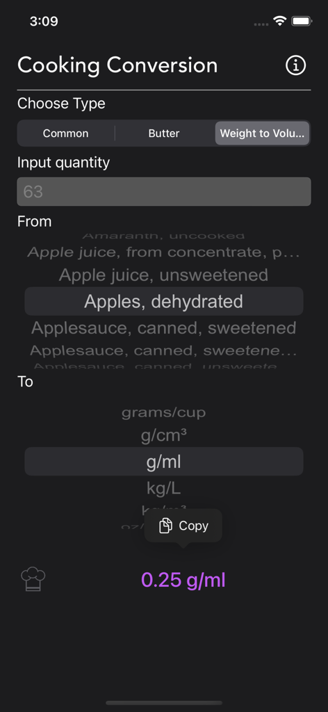 Cooking Conversion - Interface do aplicativo Conversão Culinária mostrando o cálculo de densidade de ingredientes para maçãs desidratadas
