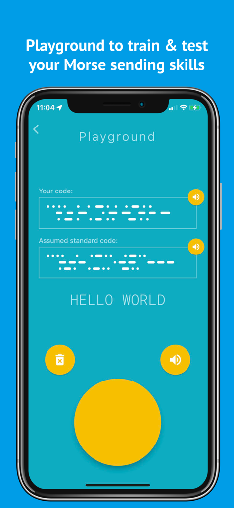 Morse Mania app Playground screen for training and testing Morse code sending skills with a Hello World example.
