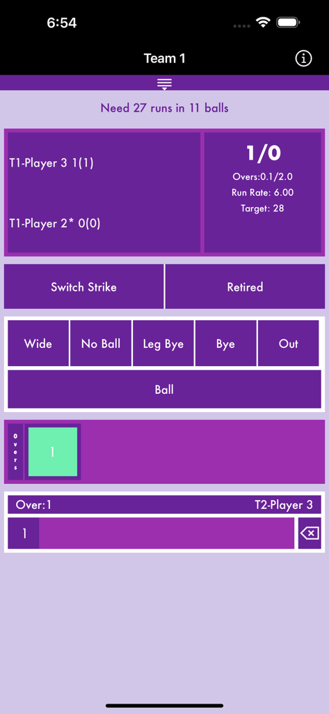 Interface du carnet de scores numérique de cricket pour le suivi des points et des wickets du match