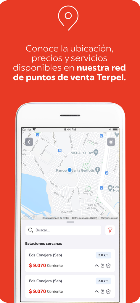 Terpel - Terpel app map interface showing nearby gas stations and fuel prices