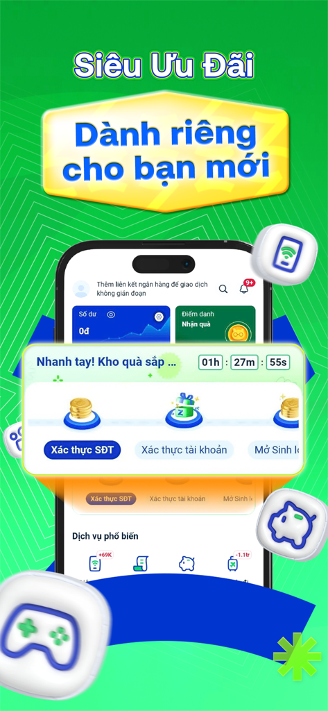 Zalopay app screen showing promotional rewards and special offers for new users