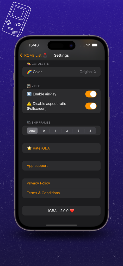 Menu de configurações do aplicativo emulador retrô iGBA no iPhone, mostrando opções de vídeo e de pular quadros