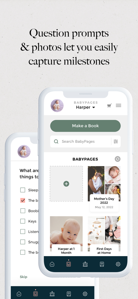BabyPage: Baby Book & Journal - Pantalla de la aplicación BabyPage con hitos fotográficos del bebé y preguntas