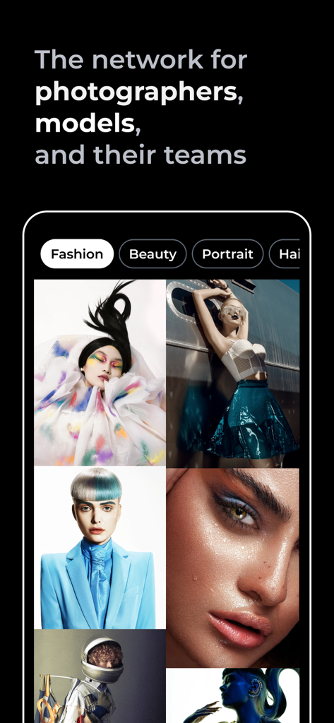 Kavyar Photography Network - Kavyar app showing a professional network for photographers and models with fashion and beauty categories