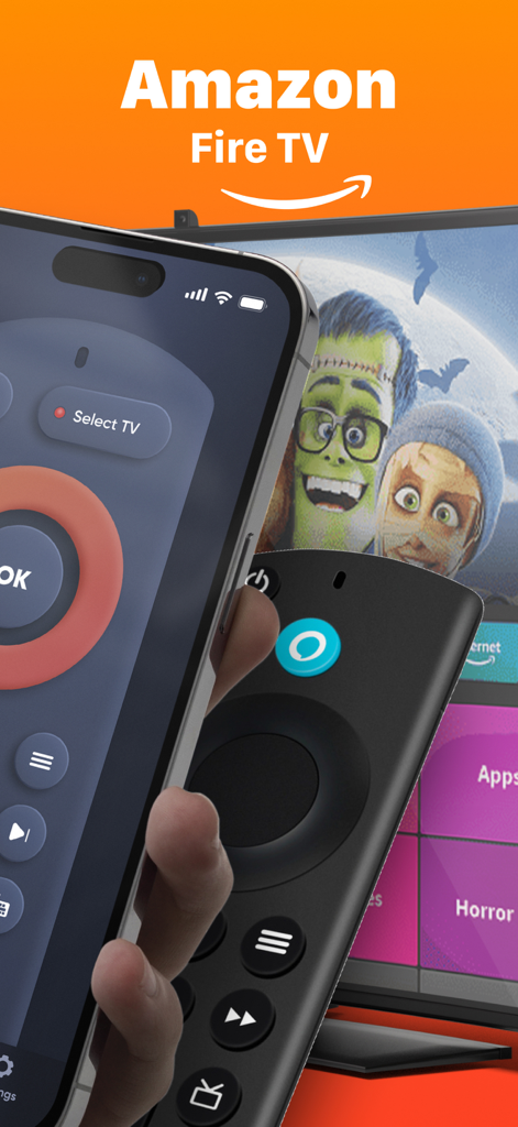 iPhone che mostra l'interfaccia dell'app di controllo remoto Fire TV accanto a un telecomando Firestick fisico