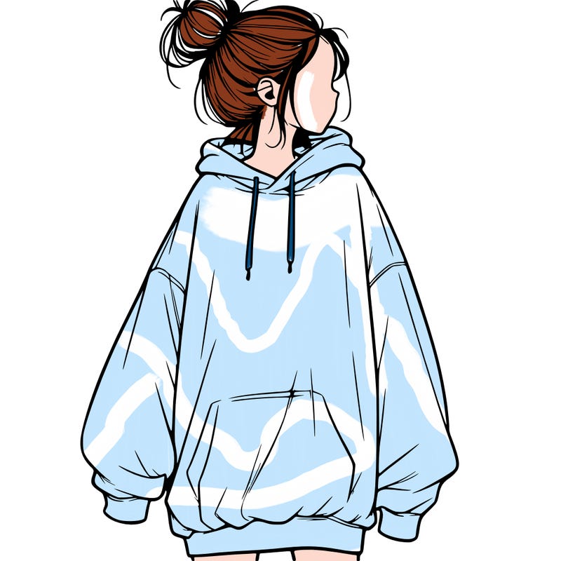 realistic girl with a oversized sweatshirt on and a bun