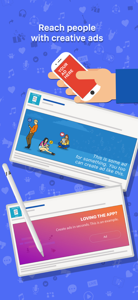 Mobile app interface showing creative banner ad templates and digital marketing design tools.