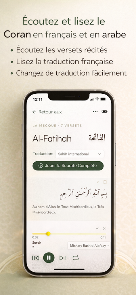 AlQuran.fr Quran & Recitations - 모바일 앱 화면에 아랍어와 프랑스어 성경 구절이 표시되고 낭송을 위한 오디오 플레이어가 함께 표시됩니다.