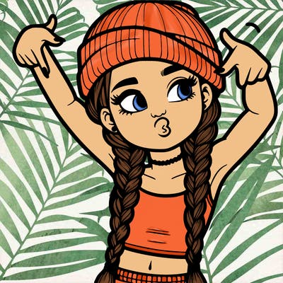 realistic teenage girl with braids and a beanie and crop top doing 🫶🏼