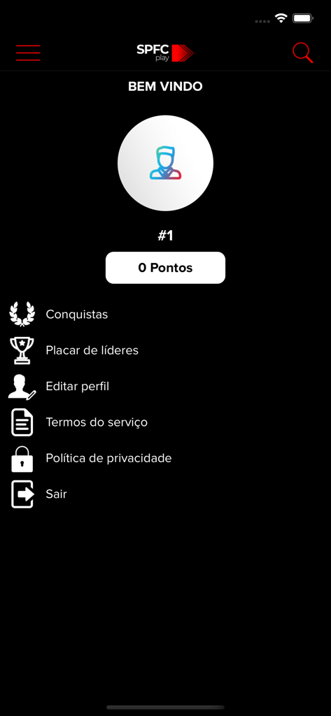 SPFC Play - SPFC Play app profile page showing user points and account settings menu