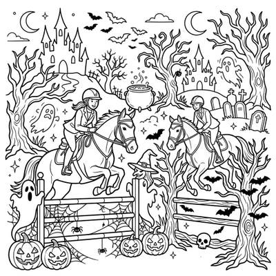 Prepare for a thrilling Halloween ride with this exciting show jumpers coloring page. Equestrians and their horses navigate a spooky course filled with pumpkins, ghosts, and haunted trees.