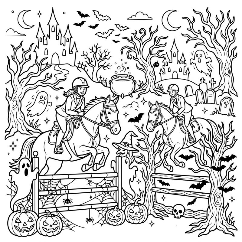Prepare for a thrilling Halloween ride with this exciting show jumpers coloring page. Equestrians and their horses navigate a spooky course filled with pumpkins, ghosts, and haunted trees.