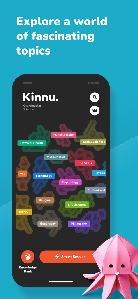 Kinnu: Superpower learning - Kinnu app interface showing a map of diverse educational topics like history and science