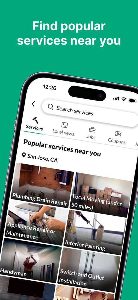OfferUp - Buy. Sell. Simple. - OfferUp app screen displaying local services like plumbing moving and home repairs