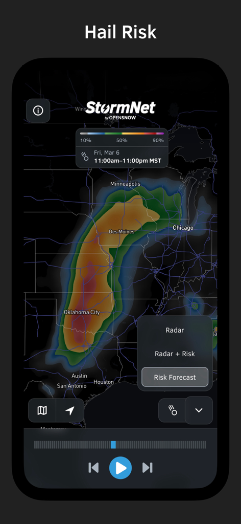 StormNet - StormNet app interface showing a high-resolution hail risk heatmap across the central United States.
