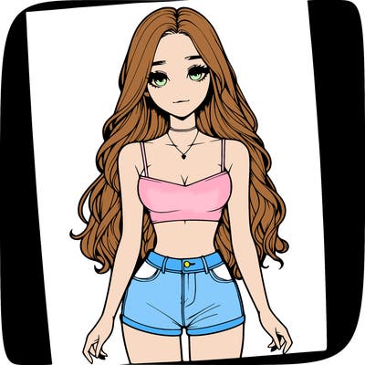 a realistic girl with long hair and in a crop top and shprts