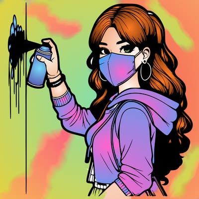 realistic girl with mask spray painting a wall