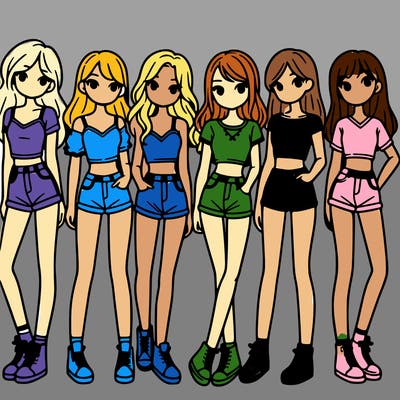 a group of girls wearing crop tops and shorts