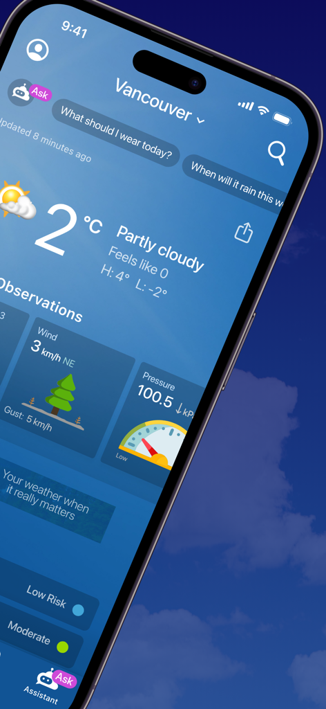 The Weather Network 앱이 밴쿠버 날씨 예보 및 AI 어시스턴트 프롬프트를 보여줌