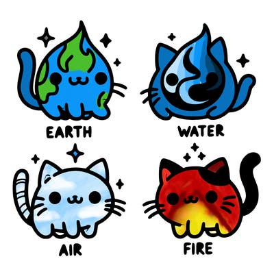 4 cats that represent the different elements, earth, water, air, and fire