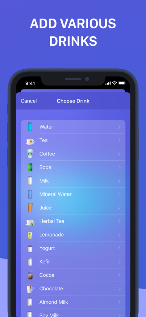 Water Reminder: Daily Tracker - Tela de aplicativo móvel mostrando uma lista de várias opções de bebidas para rastrear, incluindo água, chá, café e leite