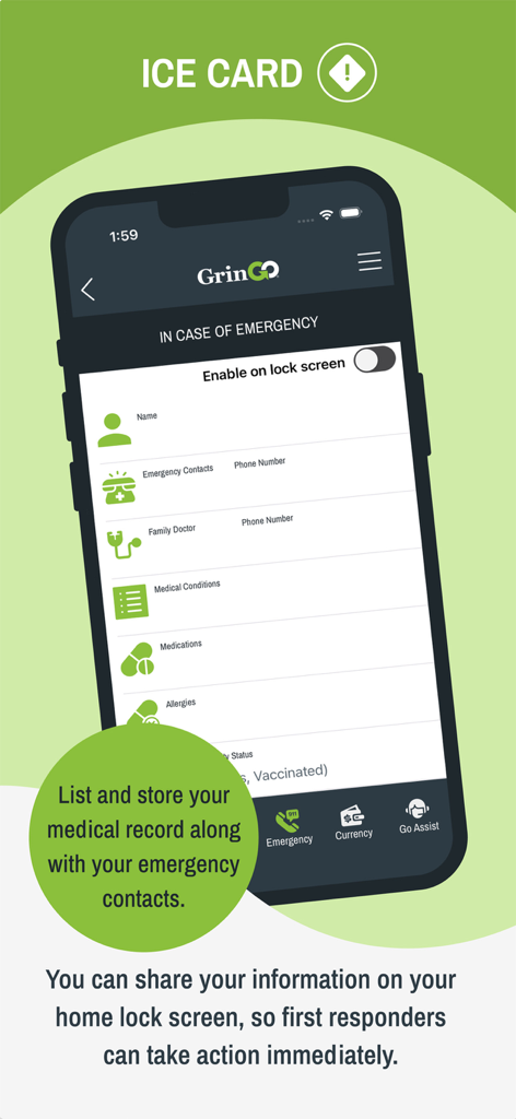 Interface of the GrinGO app ICE card showing emergency contact and medical information fields.