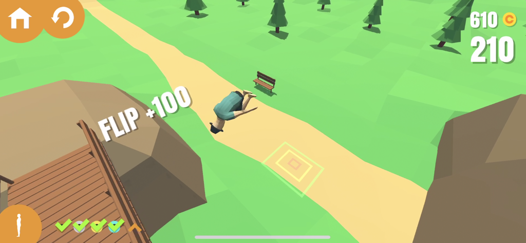 Captura de ecrã da jogabilidade de um personagem a realizar um mortal para trás no jogo móvel Flip Trickster