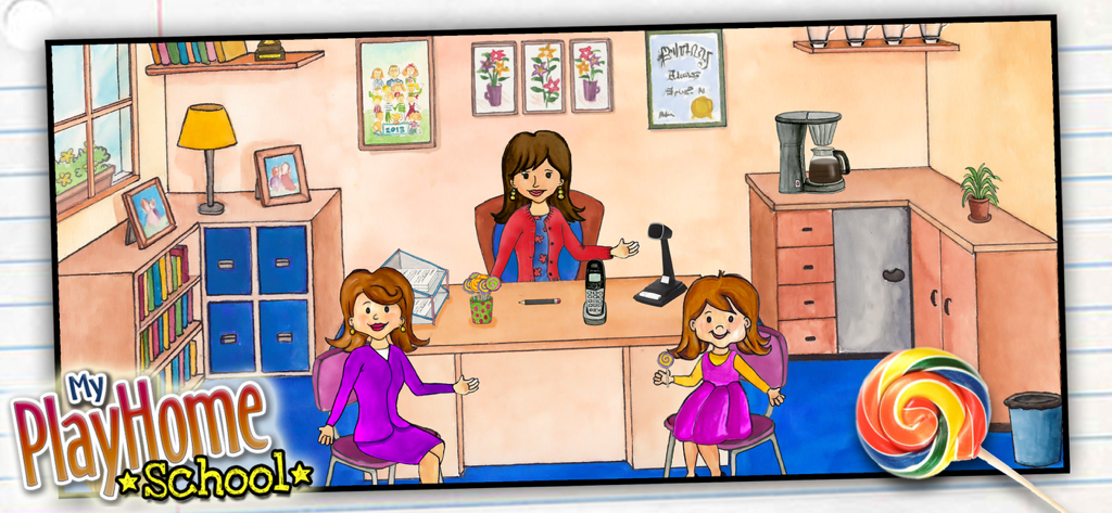 My PlayHome School 앱의 학교 사무실에서 상호 작용하는 선생님과 아이