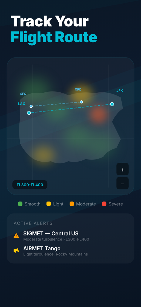 Turbulence Forecast - Flight+ - App interface showing a flight route map with turbulence intensity heat zones and active aviation alerts.