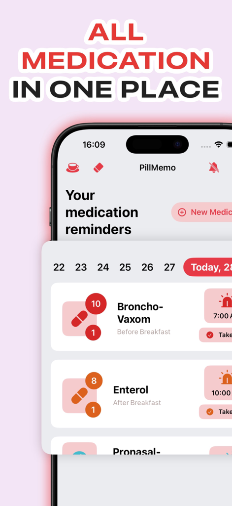 Medisafe Carezone: PillMemo - PillMemo app interface showing a daily medication schedule and reminders list on an iPhone.