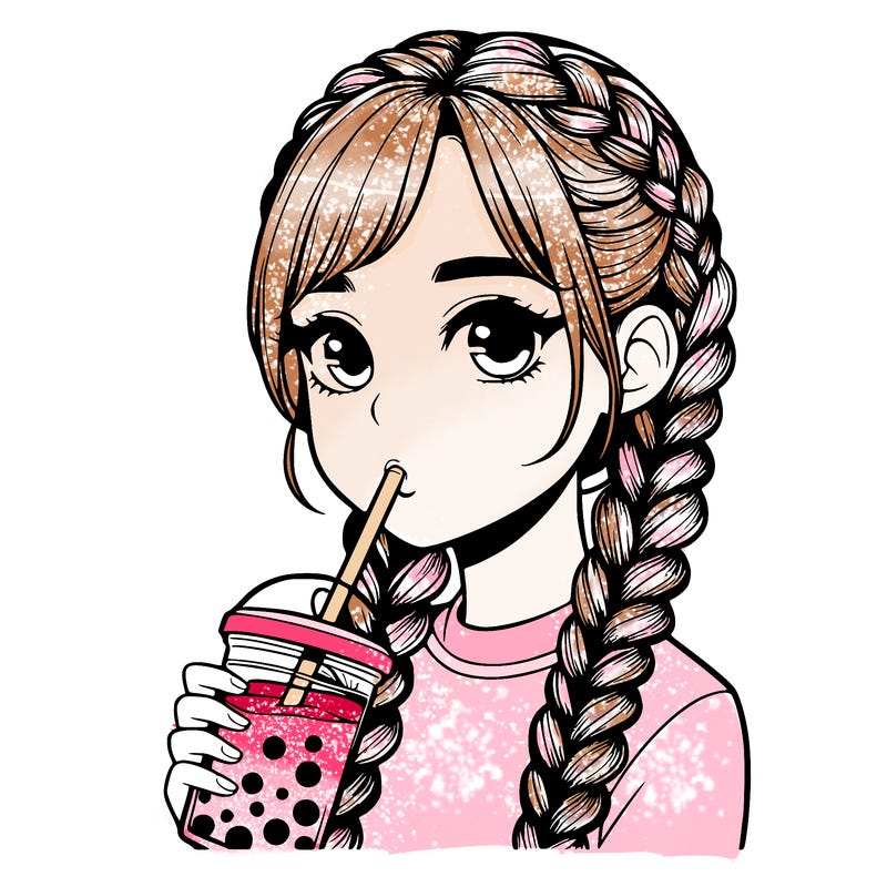 realistic girl with braided hair drinking boba