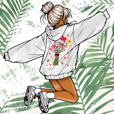 realistic girl jumping with a bun and oversized sweatshirt