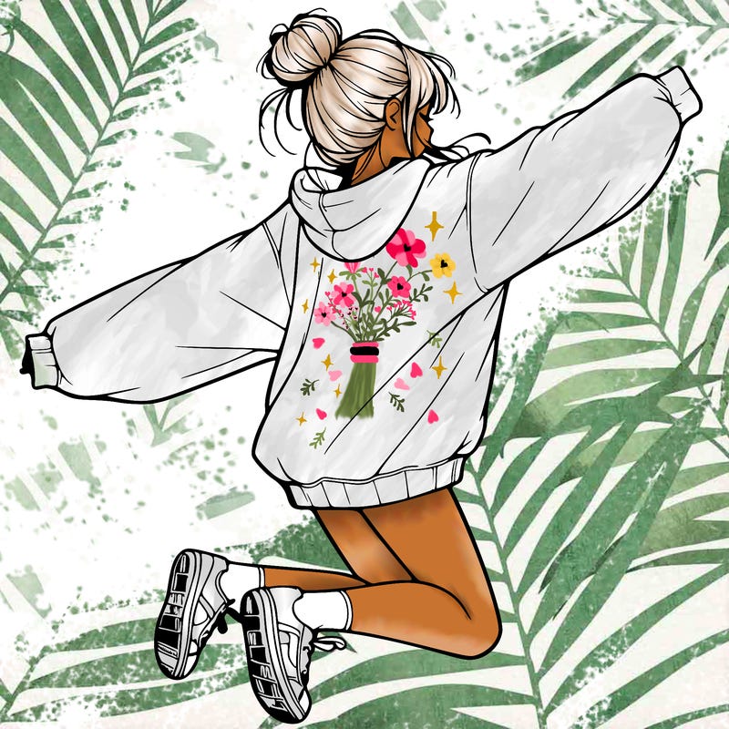 realistic girl jumping with a bun and oversized sweatshirt