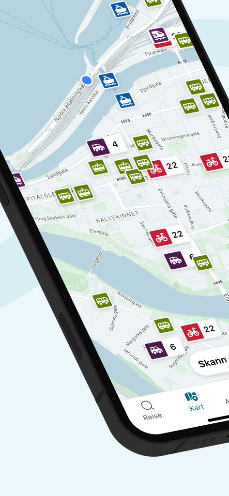 AtB - AtB app interface showing a real-time public transportation map with bus, boat, and train icons in Trondheim.