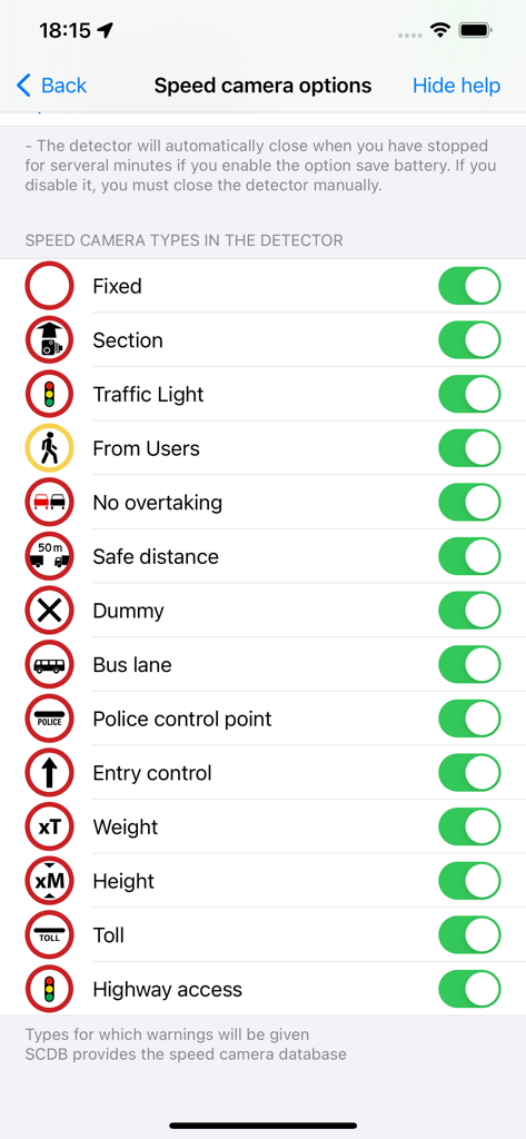 RadarAll Speed Camera Detector - Tela de personalização para selecionar diferentes tipos de alertas de radares e trânsito