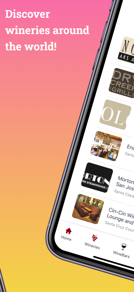 Pantalla de smartphone mostrando la interfaz de la app WineMaps para descubrir bodegas y bares de vino en todo el mundo