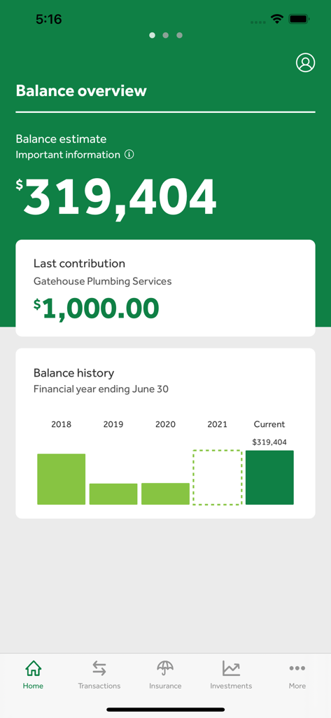 Cbus Super mobile app balance overview screen showing retirement savings and contribution history