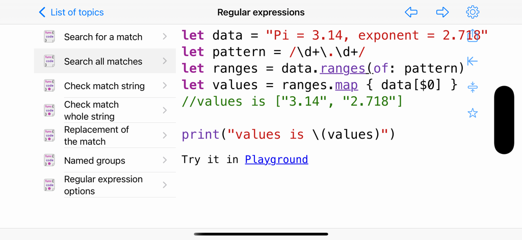 Swift code for regular expression search all matches