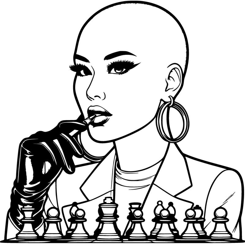 realistic bald asian female who wears suits and gloves and wearing hooped earrings while wearing lipstick, while playing chess