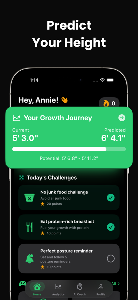 HowTall app interface showing height prediction dashboard and daily growth challenges