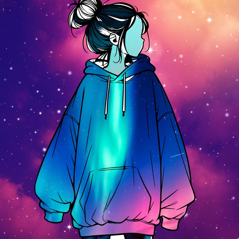 realistic girl with a oversized sweatshirt on and a bun