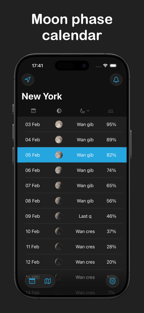 Moon Phase Calendar & Tracker - ニューヨークの毎日の月相と照明データをダークモードのアプリインターフェイスに表示するリスト