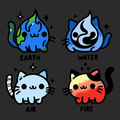 4 cats that represent the different elements, earth, water, air, and fire