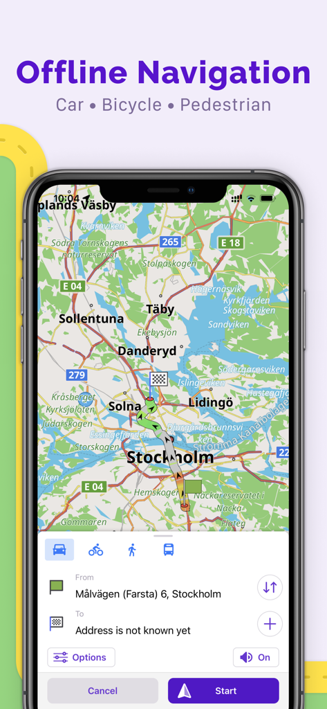 OsmAnd Maps Travel & Navigate - Interfaccia dell'app OsmAnd Maps che mostra la navigazione offline per modalità auto, bicicletta e pedonale a Stoccolma