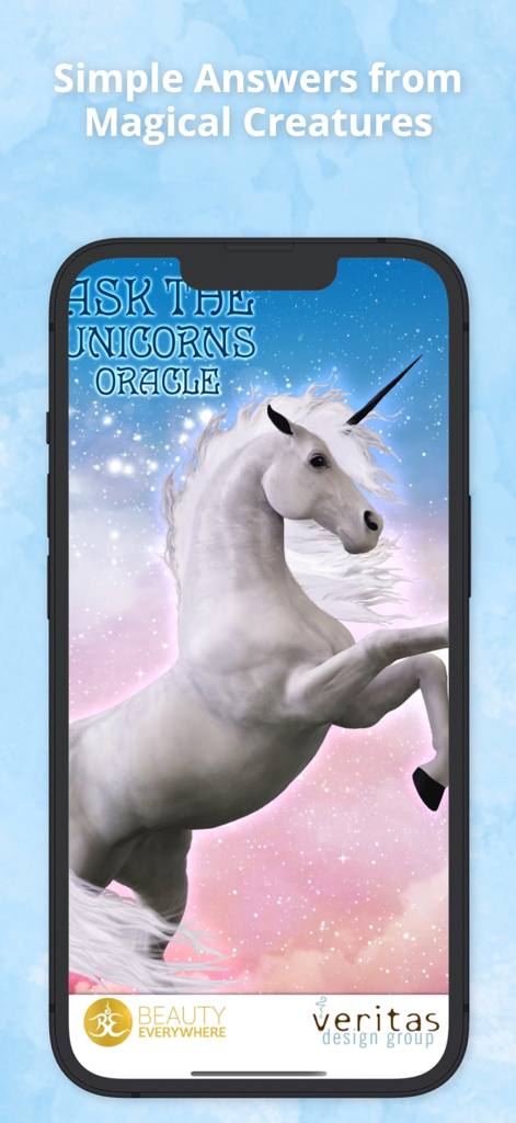 Ask the Unicorns Oracle Cards - Intro screen of Ask the Unicorns Oracle Cards app featuring a white unicorn against a starry background.